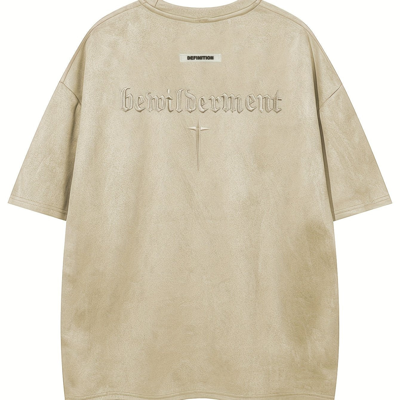 Men'S Casual Streetwear Embroidered Suede-Like Short Sleeve T-Shirt - Loose Fit, Round Neck, Summer Fashion, Black with White Cross Design, Everyday Tshirt | Streetwear Style | Suede Texture