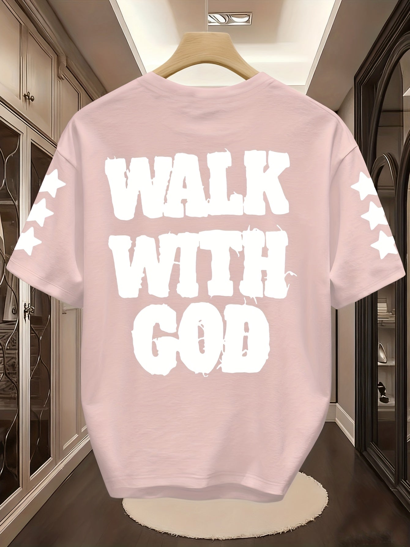 Men'S "Walk with God" Graphic Tee - Black Short Sleeve with White Lettering & Star Accents, Street Style, Comfortable Summer Shirt for Casual Outings, Everyday Tshirt | Bold Graphic Tee | Comfortable Fabri