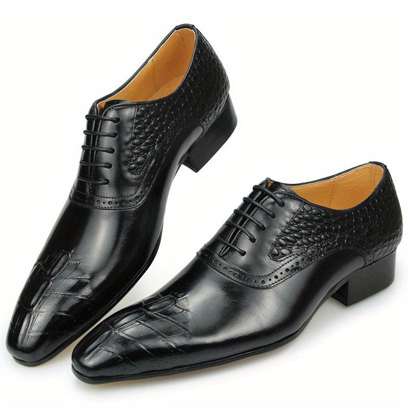 Topgrain Leather] Elegant Men's Black Oxford Dress Shoes with Crocodile Print - Lace-Up, Pointed Toe, High-Quality Rubber Sole for Business & Formal Events
