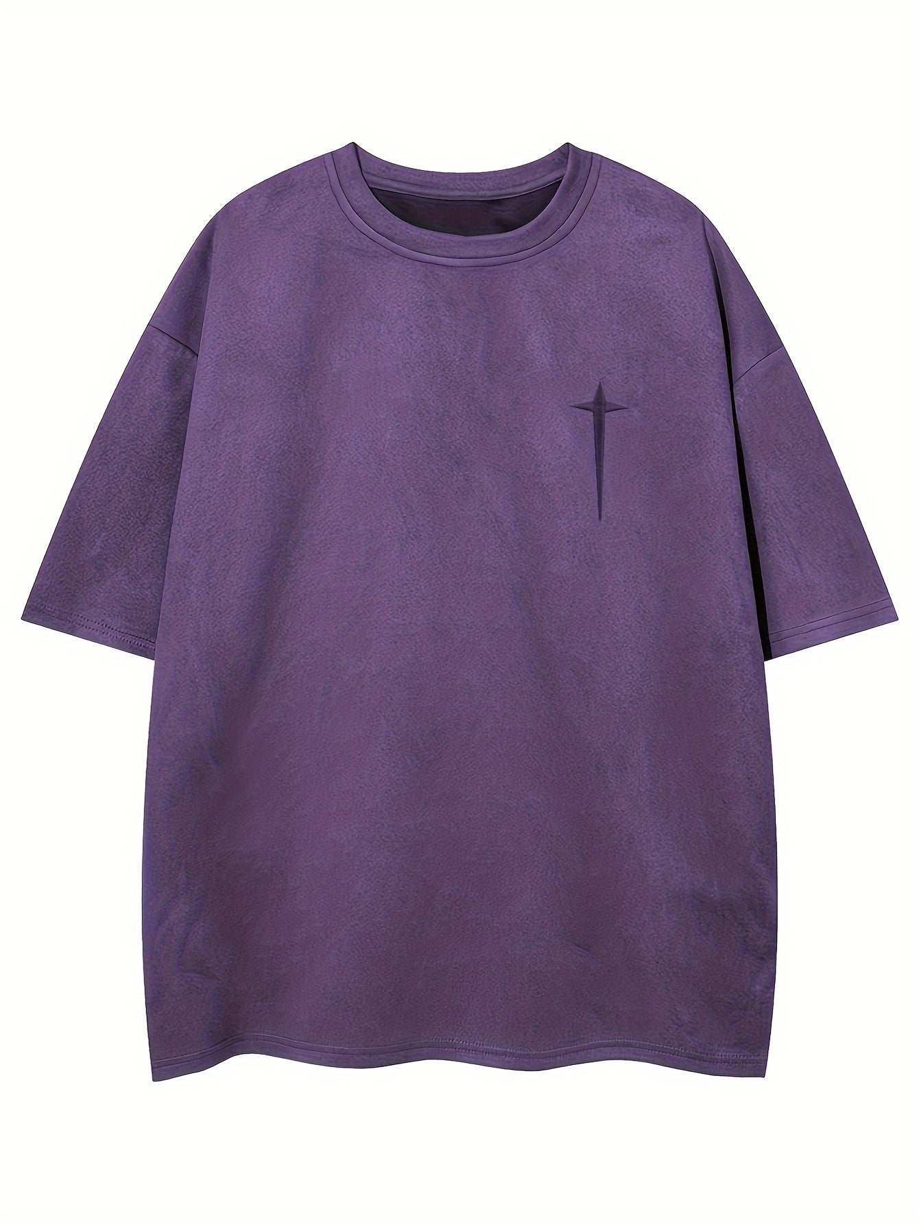 Men'S Casual Streetwear Embroidered Suede-Like Short Sleeve T-Shirt - Loose Fit, Round Neck, Summer Fashion, Black with White Cross Design, Everyday Tshirt | Streetwear Style | Suede Texture