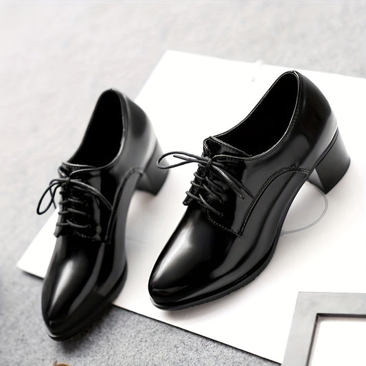 Women's Chunky Mid Heels, Pointed Toe Lace Up Faux Leather Shoes, Versatile Office Court Pumps
