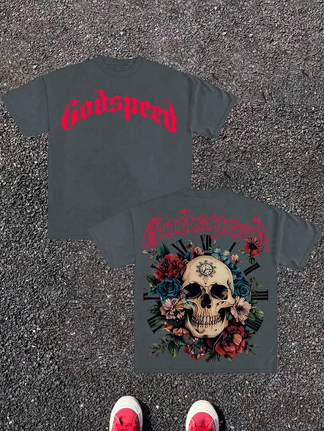 Men's & Women's Gothic Y2K Streetwear T-Shirt - Skull & Rose Double-Sided Print, Heavy Chain & Gothic Lettering (Godspeed/Gothslover), Loose Fit Unisex Cotton Tee for Punk Band Style, Casual Daily Wear & Music Events, Hallowe