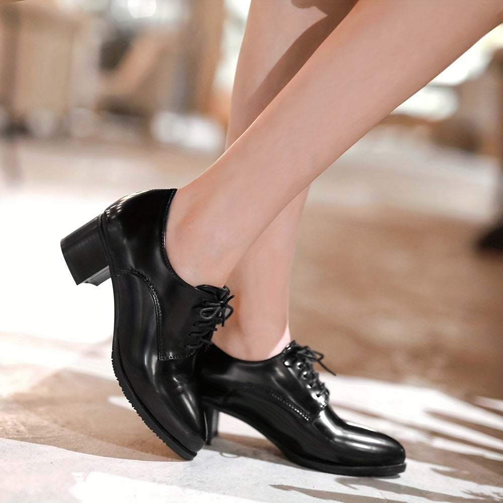 Women's Chunky Mid Heels, Pointed Toe Lace Up Faux Leather Shoes, Versatile Office Court Pumps