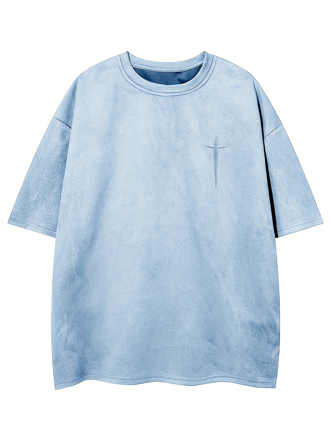 Men'S Casual Streetwear Embroidered Suede-Like Short Sleeve T-Shirt - Loose Fit, Round Neck, Summer Fashion, Black with White Cross Design, Everyday Tshirt | Streetwear Style | Suede Texture