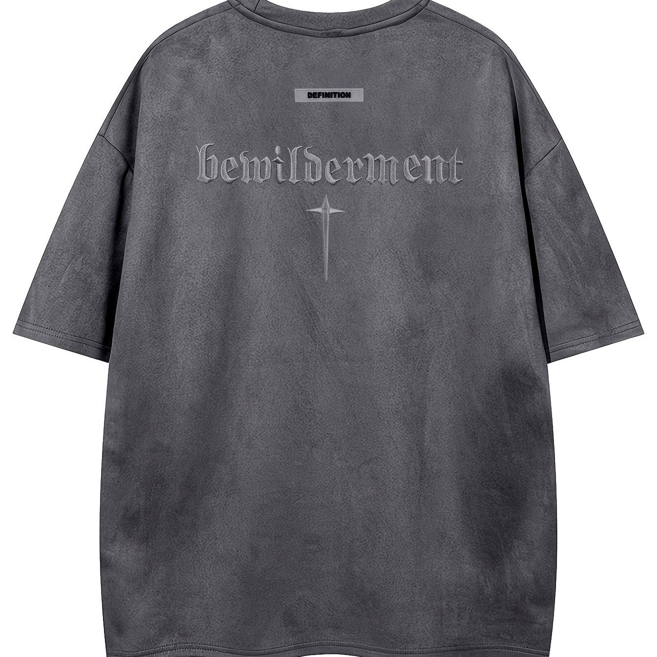 Men'S Casual Streetwear Embroidered Suede-Like Short Sleeve T-Shirt - Loose Fit, Round Neck, Summer Fashion, Black with White Cross Design, Everyday Tshirt | Streetwear Style | Suede Texture