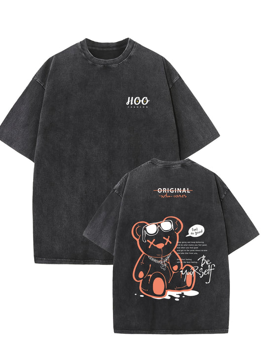 "bear " Print Oversized Cotton Solid Drop Shoulder T Shirts forMen Vintage Streetwear Basic Tees Baggy Hip Hop Unisex Tops Acid Wash Tshirt