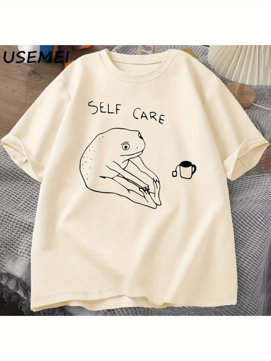 Funny Frog Self Care T-Shirt Retro Cottagecore Frog Printed Tshirt Women Men Summer Round Neck Short Sleeve Tee Shirt Streetwear