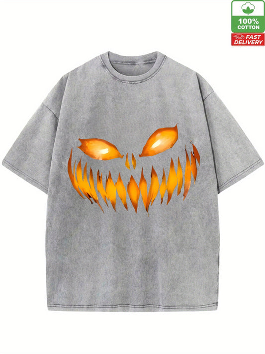 Scary Spooky Jack O Lantern Face Pumpkin HalloweenFunny fashion style Tshirt FRONT Print Oversized 100%Cotton Solid Drop Shoulder T Shirts for Men Vintage Streetwear Basic Tees Baggy Hip Hop Unisex Tops Acid Wash T shirt, Pri