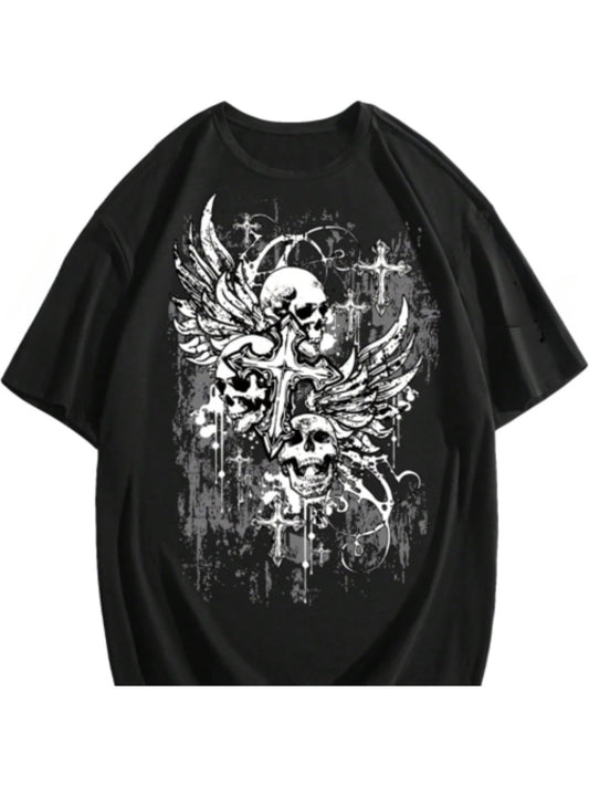 Men's Gothic Graphic Tees Skull Print Drop Shoulder Short Sleeve Y2K Streetwear Tshirt Top
