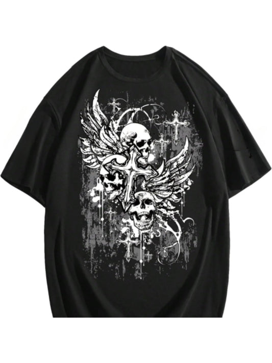 Men's Gothic Graphic Tees Skull Print Drop Shoulder Short Sleeve Y2K Streetwear Tshirt Top