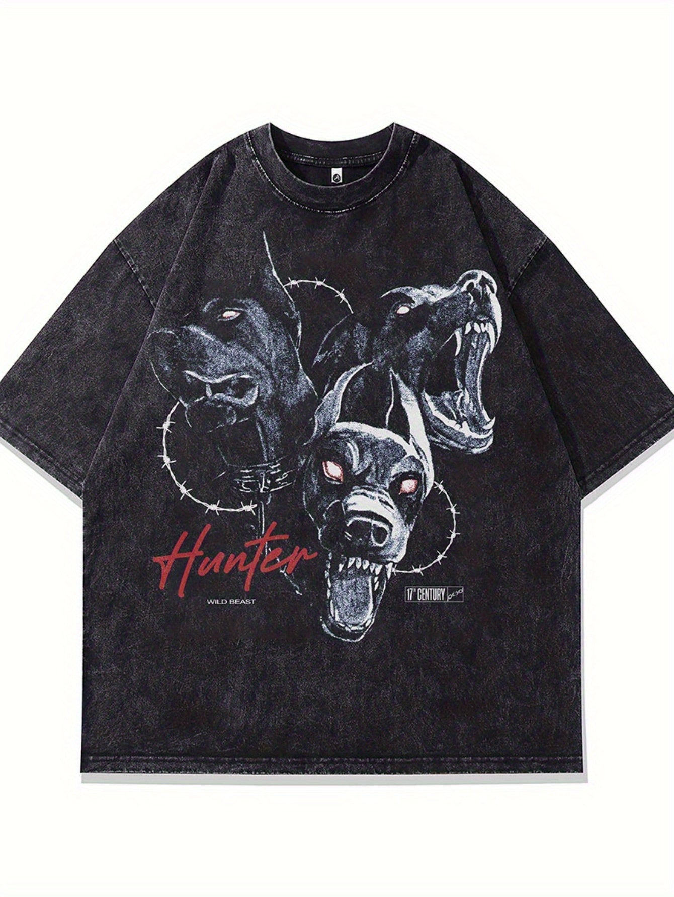 American Trendy Hell Dog Printed Cotton 230g Washed Short Sleeve T-shirt Vintage Washed T-Shirt, v Casual Crew Neck Cotton Tee with Medium Stretch Knit Fabric and Applique Detail, Everyday Tshirt | Distressed Fashion | Appliq