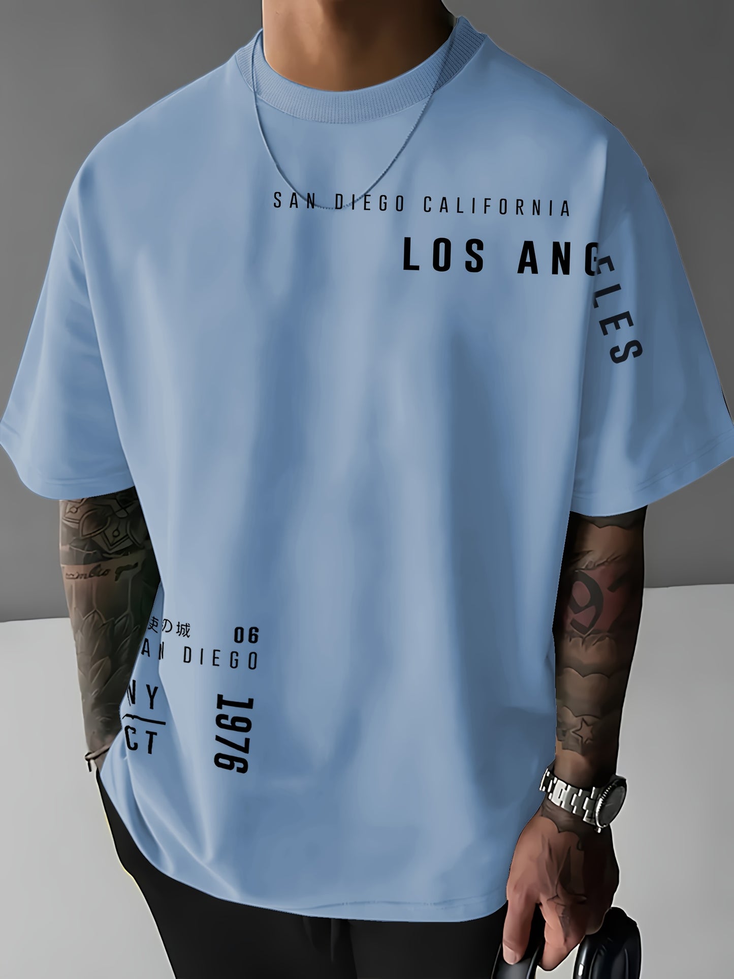 Men'S Casual "Los Angeles" Graphic T-Shirt - Blue, Short Sleeve, Round Neck, Comfortable & Stylish Summer Top with White Lettering, Perfect for Streetwear or Casual Attire, Everyday Tshirt | Streetwear Style | Comfortable Fit