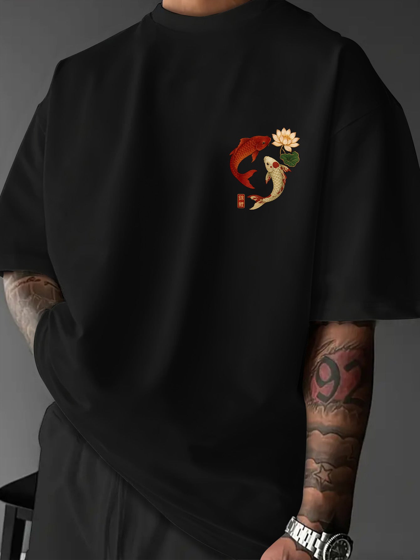 Men's Korean Style Koi Fish & Lotus T-Shirt, Dark Green/Black with Golden/Yellow Koi Print, Loose Fit Streetwear Summer Tee, Machine Washable Soft Polyester-Like Fabric, Casual & Asian-Themed Outfits, Halloween Costume, Tops,