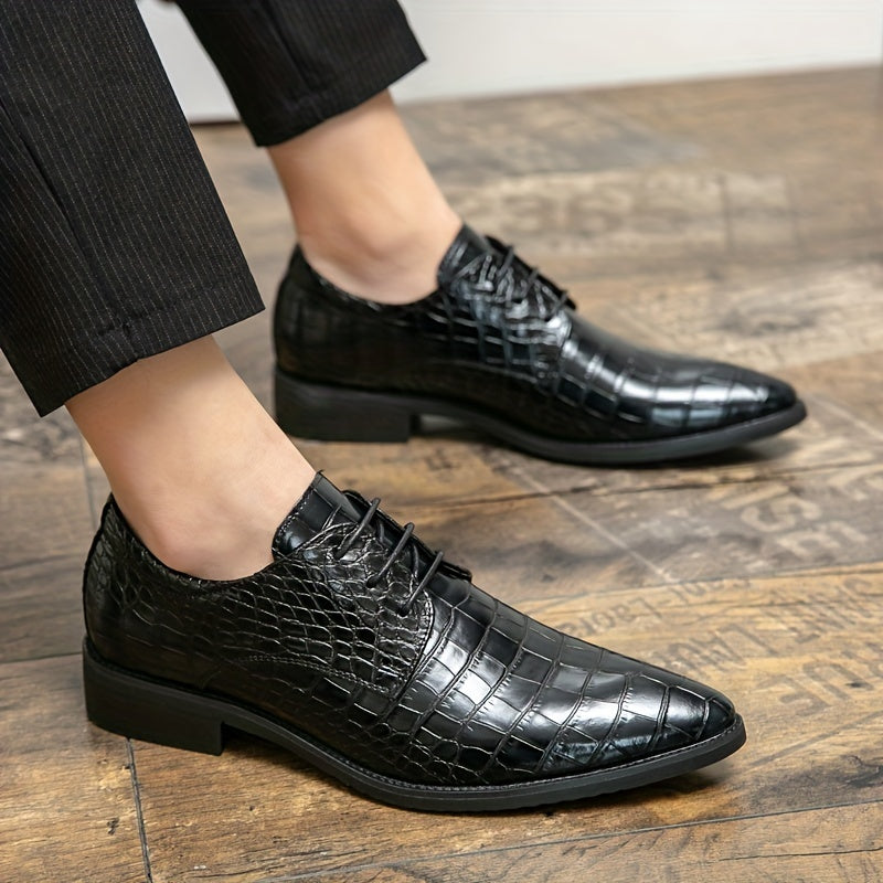Elegant Crocodile-Embossed Derby Shoes | All-Season Slip-On with Pointed Toe for Business & Wedding: Durable, Stylish Comfort