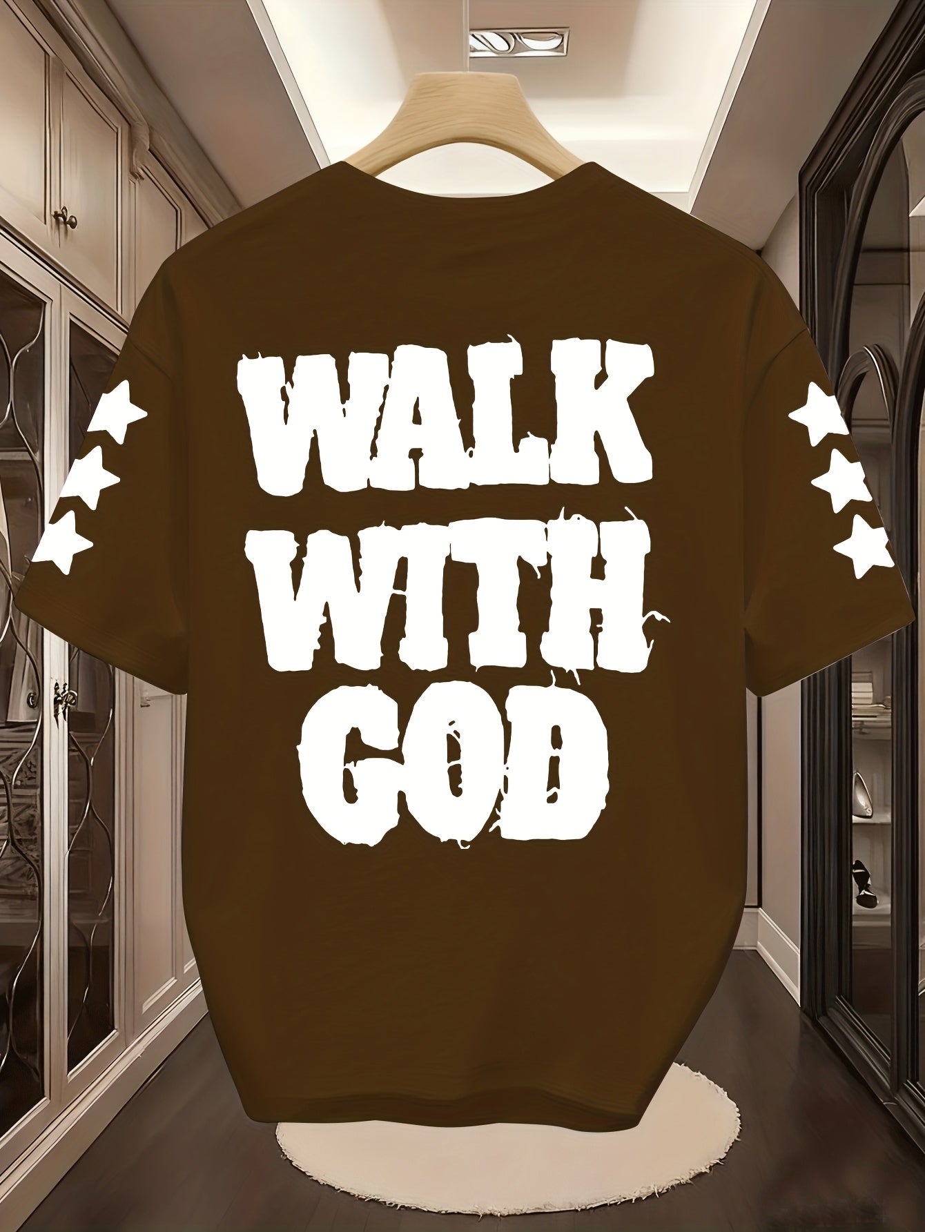 Men'S "Walk with God" Graphic Tee - Black Short Sleeve with White Lettering & Star Accents, Street Style, Comfortable Summer Shirt for Casual Outings, Everyday Tshirt | Bold Graphic Tee | Comfortable Fabri