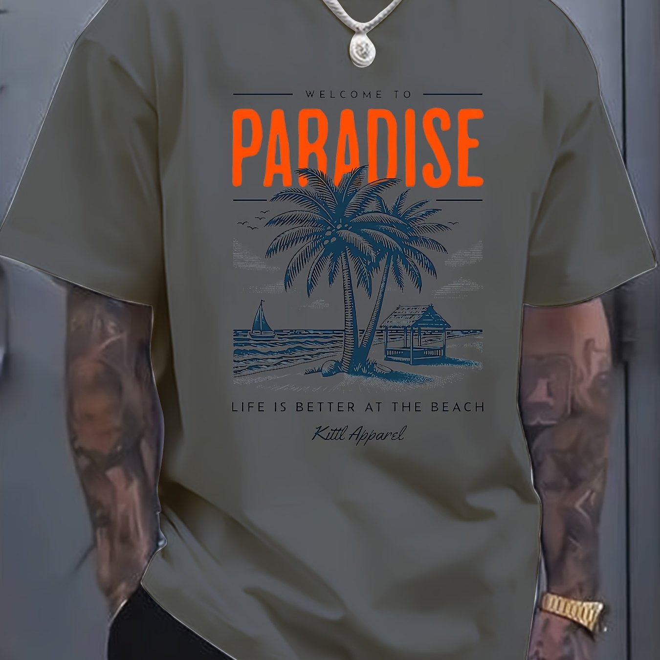 Men's Summer Casual Short Sleeve T-Shirt - 100% Cotton Relaxed Fit Round Neck Tee with Tropical Beach Paradise Graphic Print, Machine Washable for Outdoor & Daily Wear, Summer Clothing | Slogan Tshirt