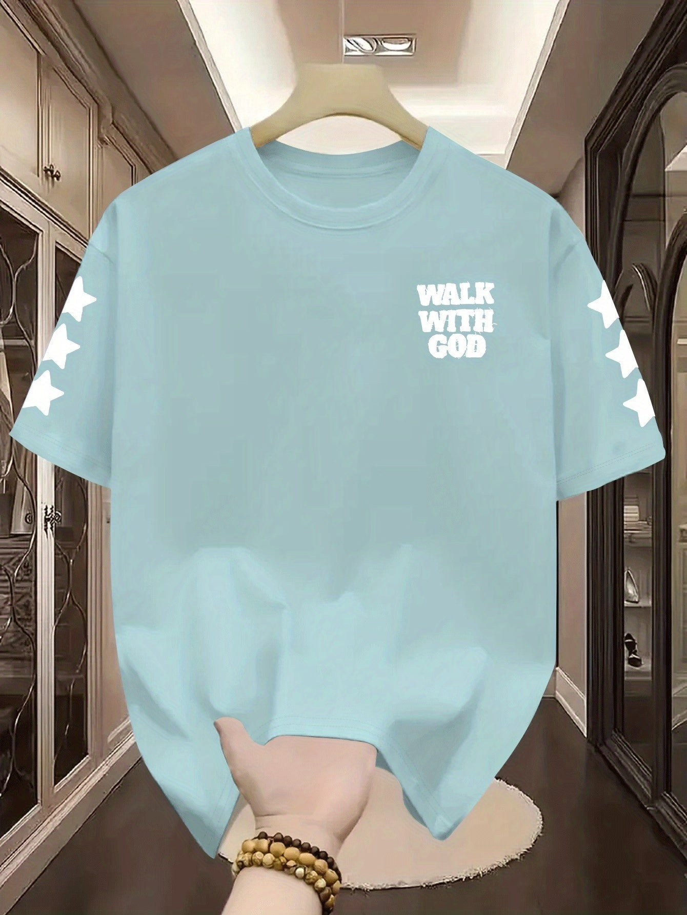 Men'S "Walk with God" Graphic Tee - Black Short Sleeve with White Lettering & Star Accents, Street Style, Comfortable Summer Shirt for Casual Outings, Everyday Tshirt | Bold Graphic Tee | Comfortable Fabri