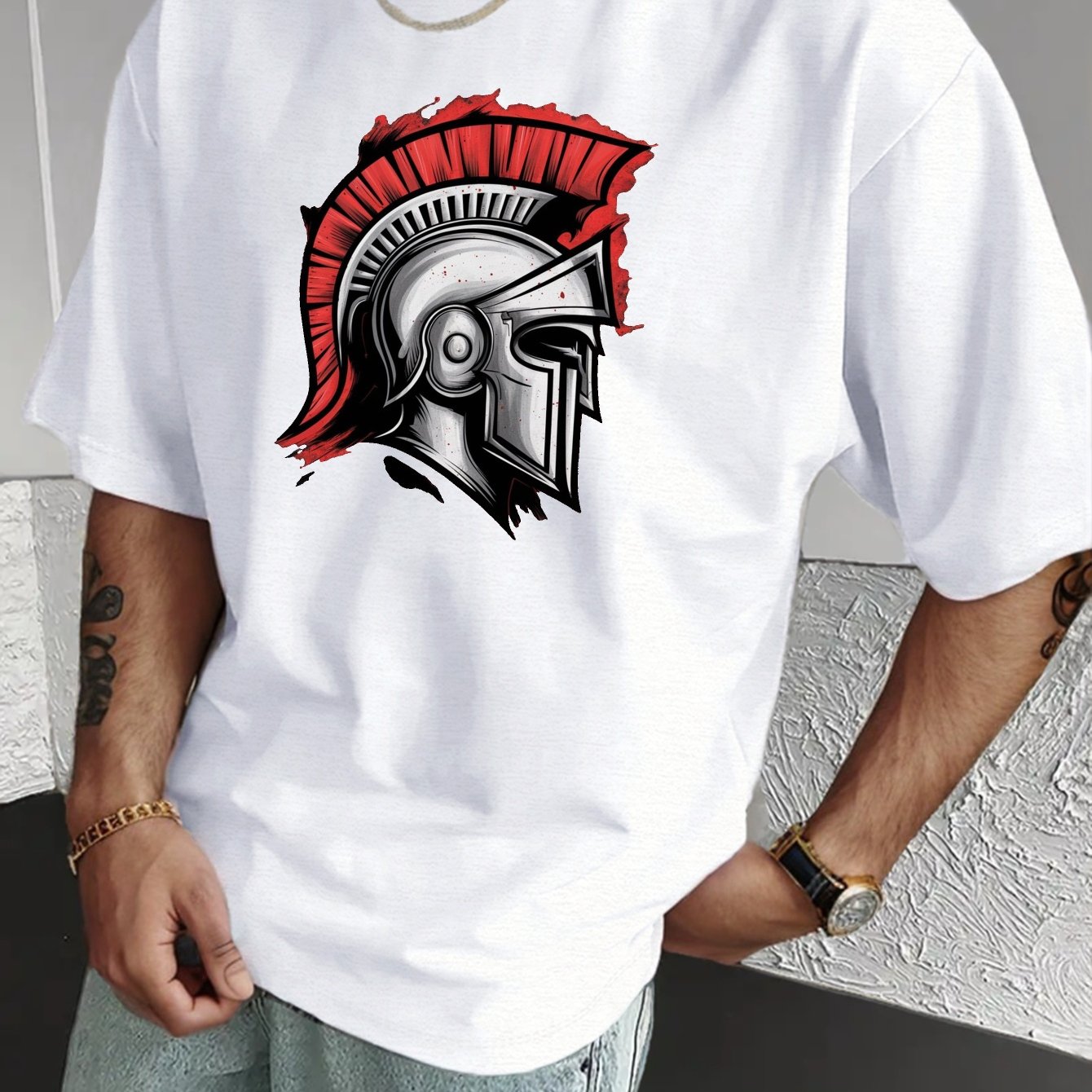 Men'S Spartan Helmet Graphic T-Shirt - Casual Polyester Short Sleeve Tee with Gladiator Design, Black, Summer Fashion, Everyday Tshirt | Graphic Print Tee | Sleek Black Fabric