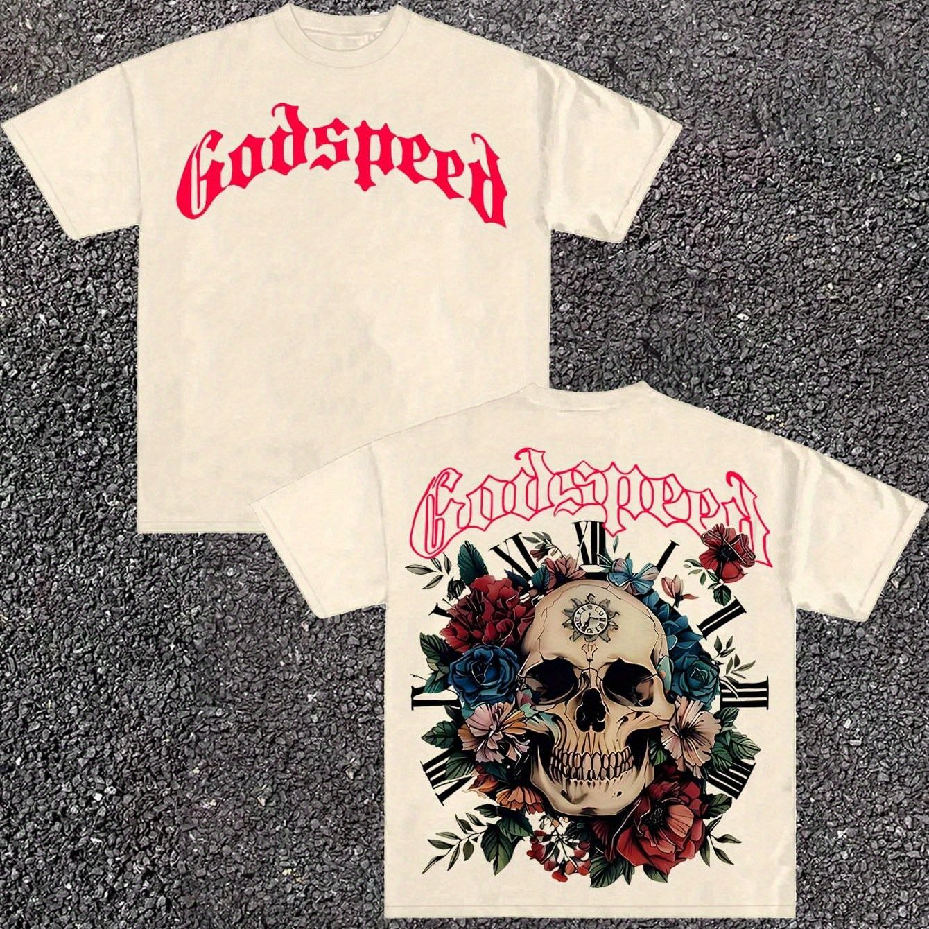 Men's & Women's Gothic Y2K Streetwear T-Shirt - Skull & Rose Double-Sided Print, Heavy Chain & Gothic Lettering (Godspeed/Gothslover), Loose Fit Unisex Cotton Tee for Punk Band Style, Casual Daily Wear & Music Events, Hallowe