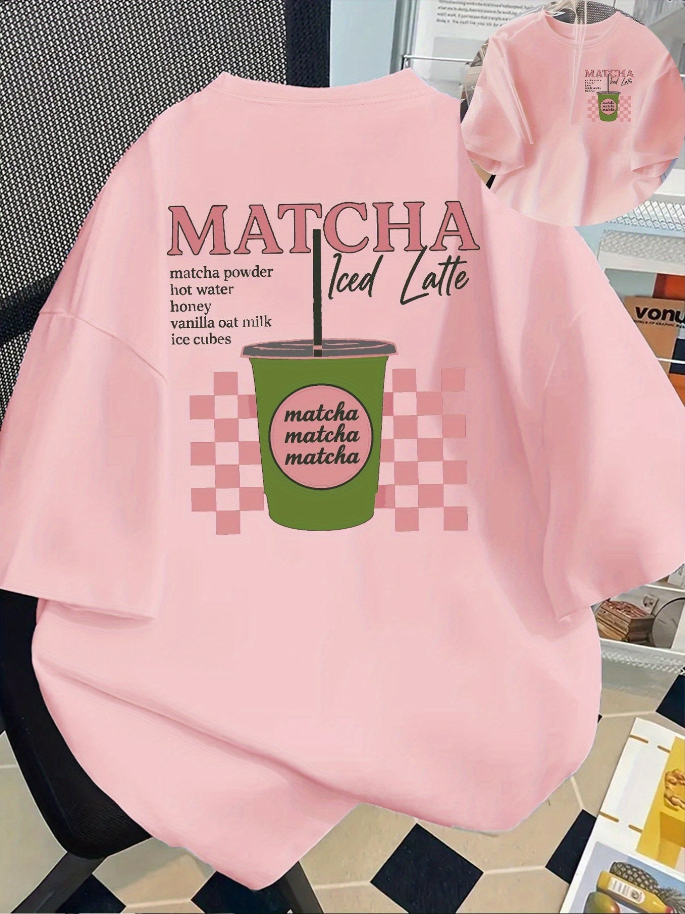 [Trendy, Matcha Lover Tee] Trendy Casual Tee - Women's Matcha Lover Graphic Tee | Light Pink with Green & White Checkered Design, "Matcha Powder Hot Water Vanilla Oat Milk Ice Cubes" Print, Casual Short Sleeve Crew Neck, Perf