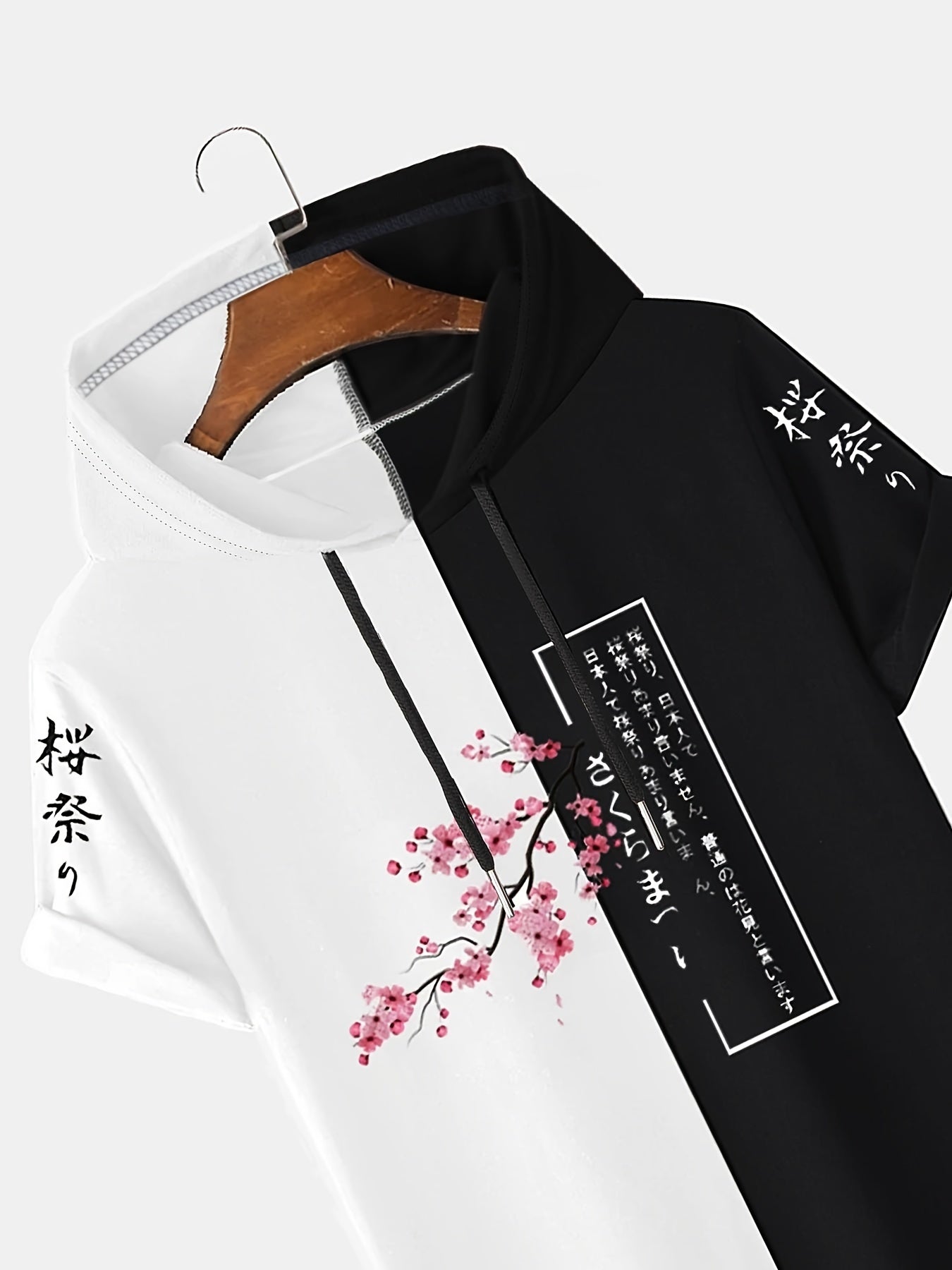 [Japanese Motif Apparel] Polyester Summer Fashion Men's Two-Tone Hooded T-Shirt - Cherry Blossom & Japanese Motif Print, Casual Short Sleeve, Machine Washable, Adult Tshirt