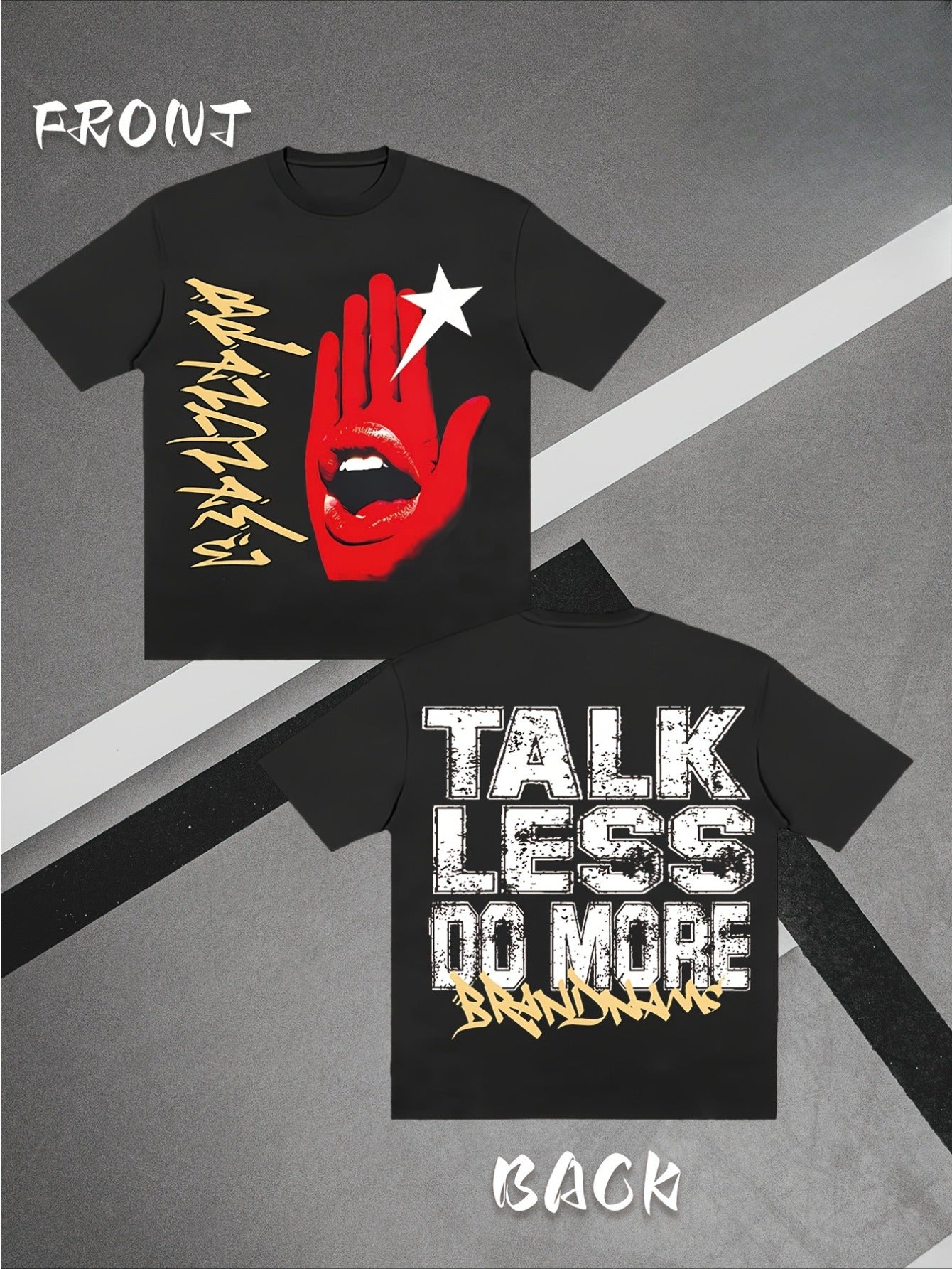 Men's Black Retro Streetwear T-Shirt with Iconic "Talk Less Do More" Hand Gesture & Golden/White Back Print - Loose Fit Short Sleeve Crew Neck Casual Shirt, Double-Sided Slogan Design (Inspired by Iconic Movie/TV Gesture), Ha