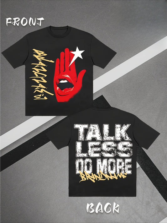 Men's Black Retro Streetwear T-Shirt with Iconic "Talk Less Do More" Hand Gesture & Golden/White Back Print - Loose Fit Short Sleeve Crew Neck Casual Shirt, Double-Sided Slogan Design (Inspired by Iconic Movie/TV Gesture), Ha