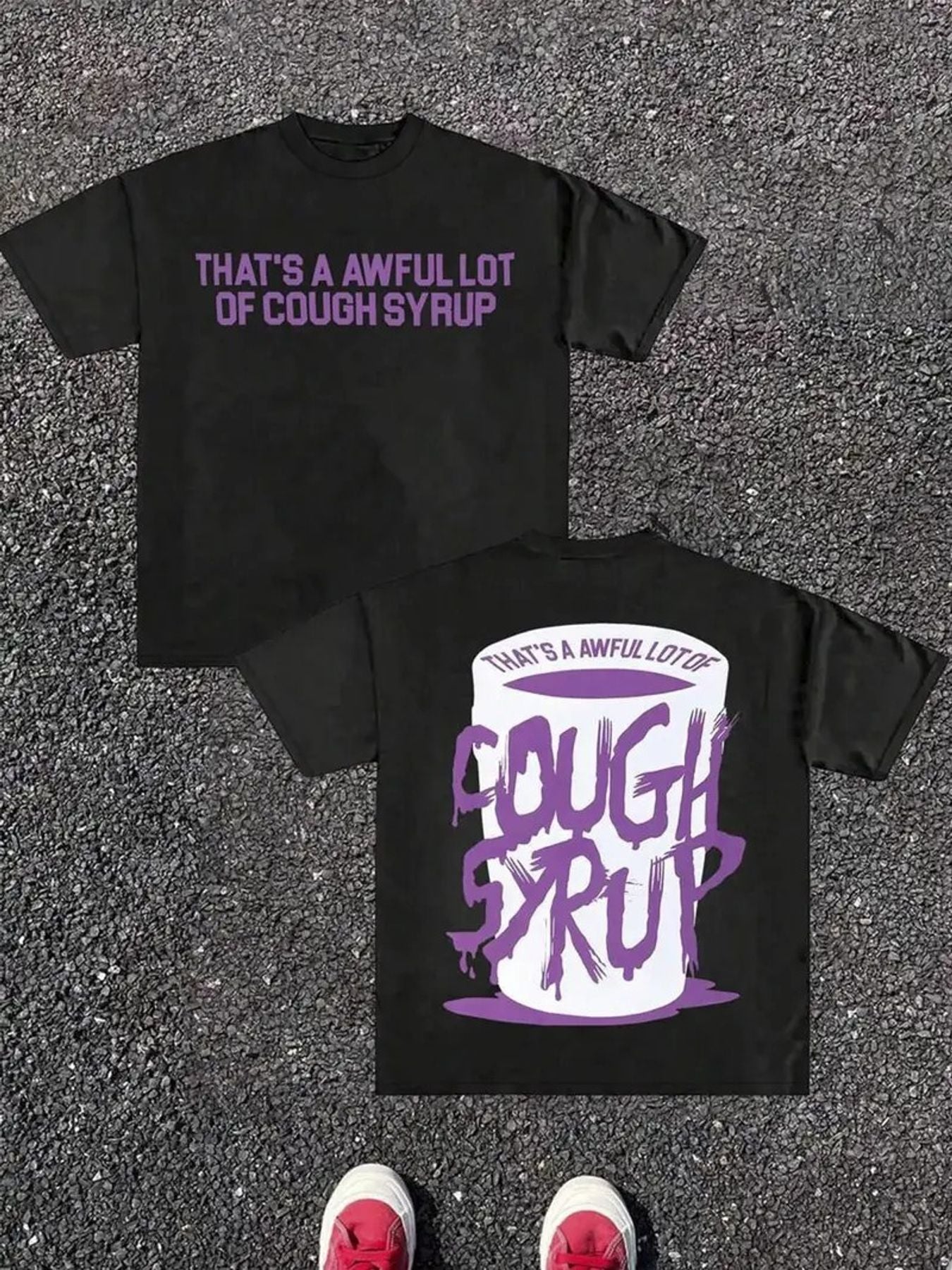 Two Black T-Shirts with 'THAT'S A AWFUL LOT OF COUGH SYRUP' Purple Text & White Container with Purple Label | Casual Crew Neck Tshirt for Trendy Streetwear Fans, Summer, Loose Fit, Short Sleeve, Heat Transfer Printing