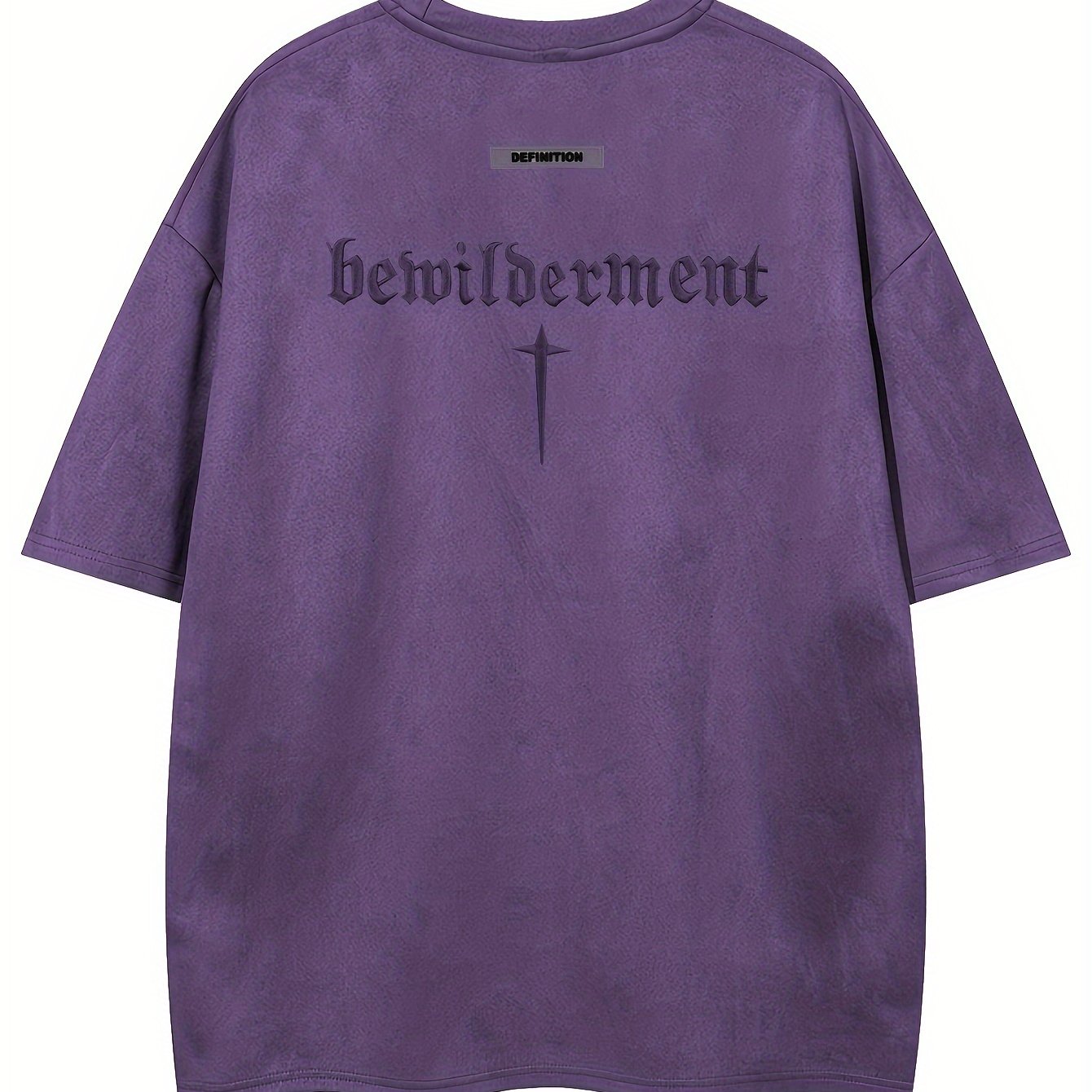 Men'S Casual Streetwear Embroidered Suede-Like Short Sleeve T-Shirt - Loose Fit, Round Neck, Summer Fashion, Black with White Cross Design, Everyday Tshirt | Streetwear Style | Suede Texture