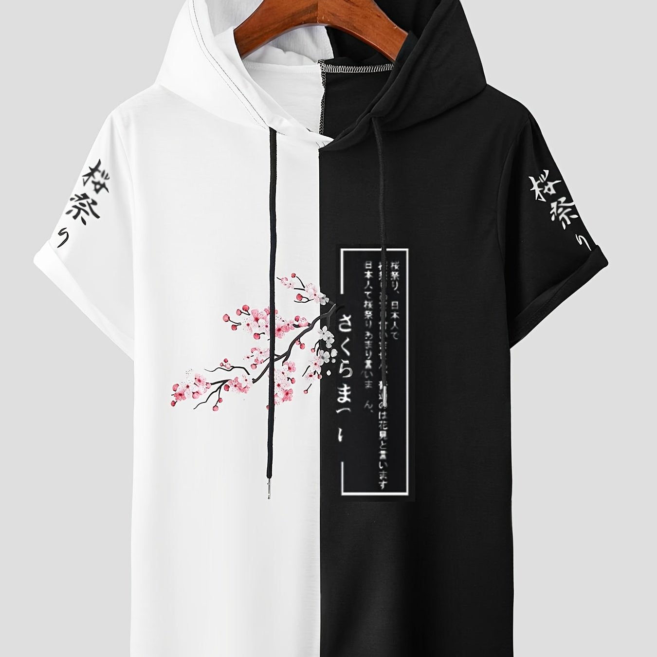 [Japanese Motif Apparel] Polyester Summer Fashion Men's Two-Tone Hooded T-Shirt - Cherry Blossom & Japanese Motif Print, Casual Short Sleeve, Machine Washable, Adult Tshirt