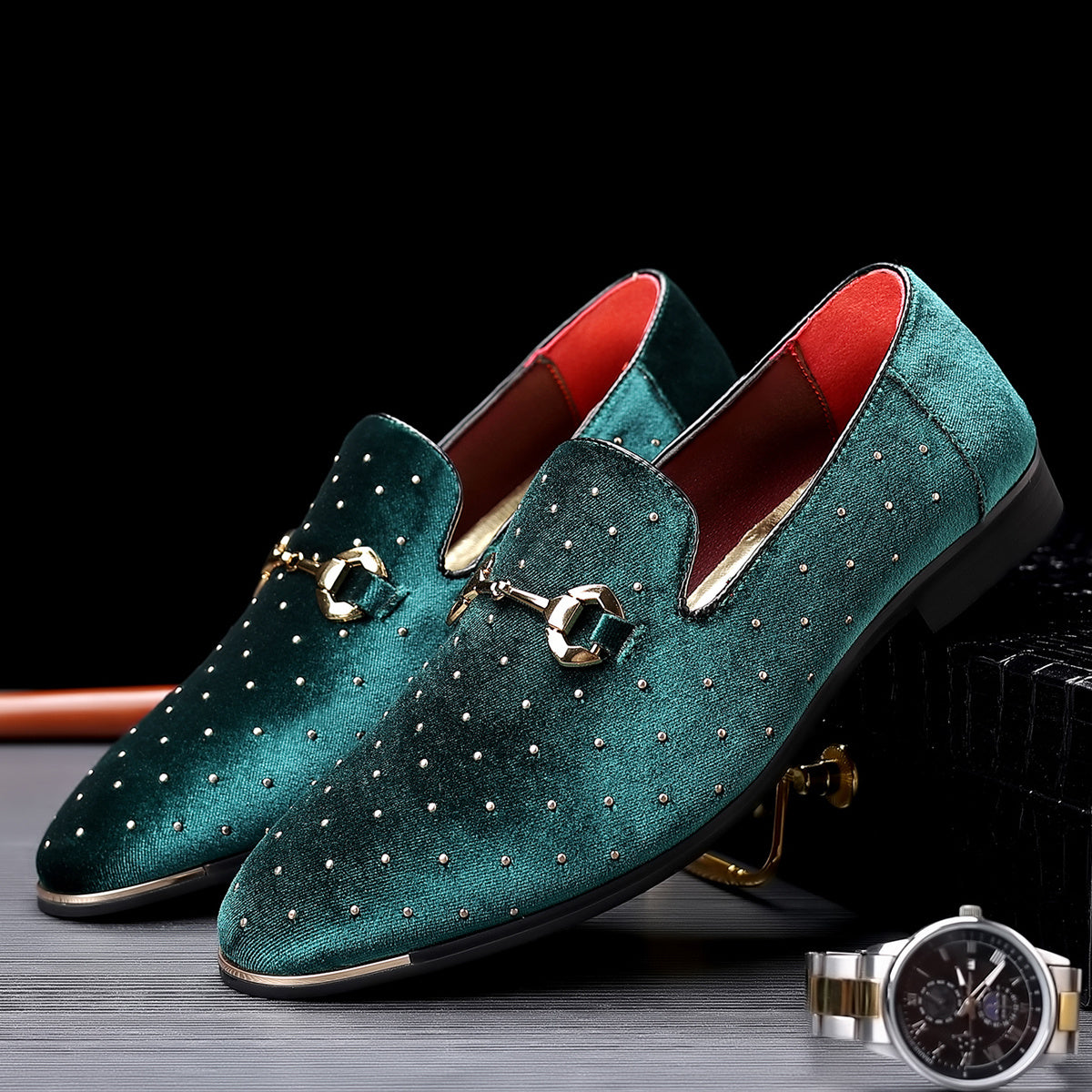 Glittering Mens Horsebit Loafers with Rhinestones - Ultra-Comfortable, Non-Slip Slip-Ons for Spring & Summer - Stylish Mens Dress Shoes