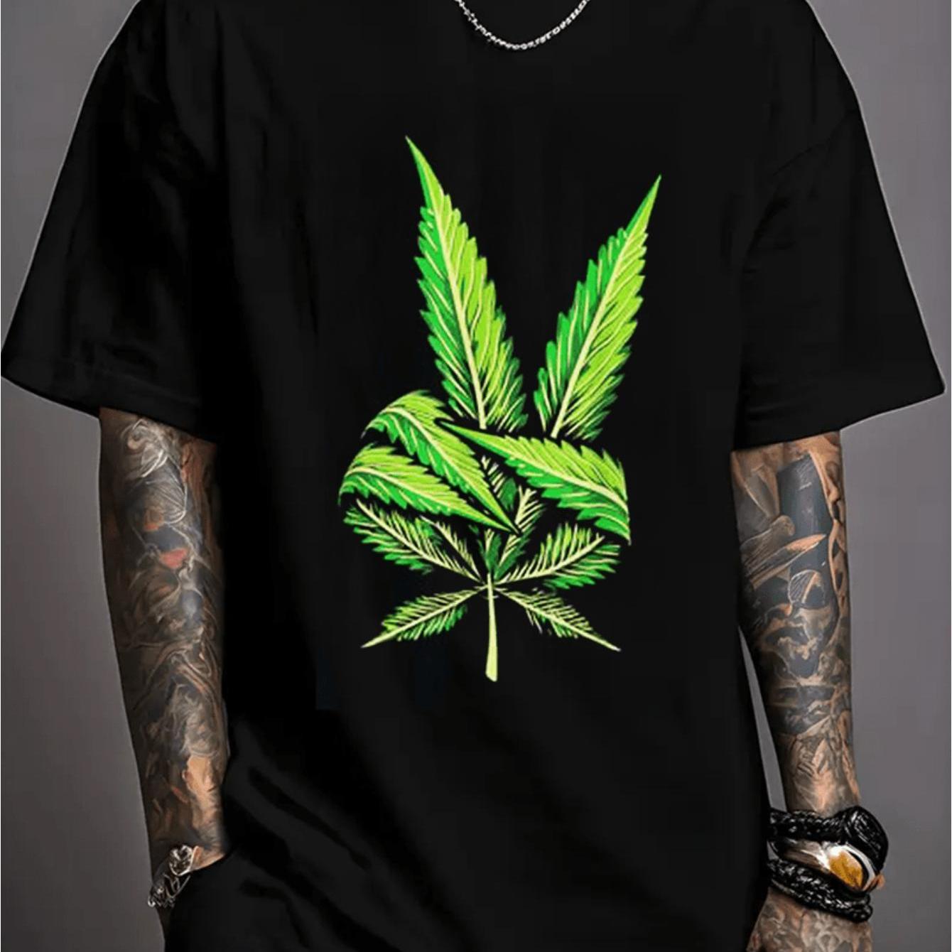 1pc Men'S Cotton T-Shirt with Bold Leaf Print - Black Casual Short Sleeve Tee, Regular Fit, Stretch Fabric, Comfortable for Casual Attire, All-Season Wear, Everyday Tshirt | Bold Graphic Tee | Cotton Tshirt