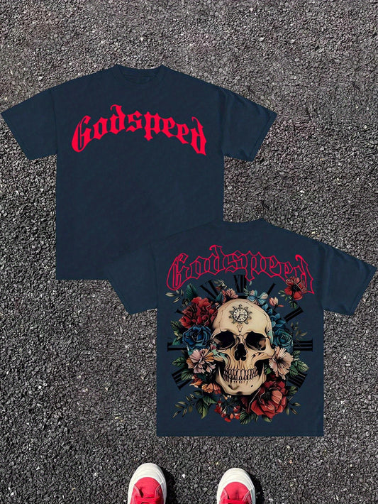 Men's & Women's Gothic Y2K Streetwear T-Shirt - Skull & Rose Double-Sided Print, Heavy Chain & Gothic Lettering (Godspeed/Gothslover), Loose Fit Unisex Cotton Tee for Punk Band Style, Casual Daily Wear & Music Events, Hallowe