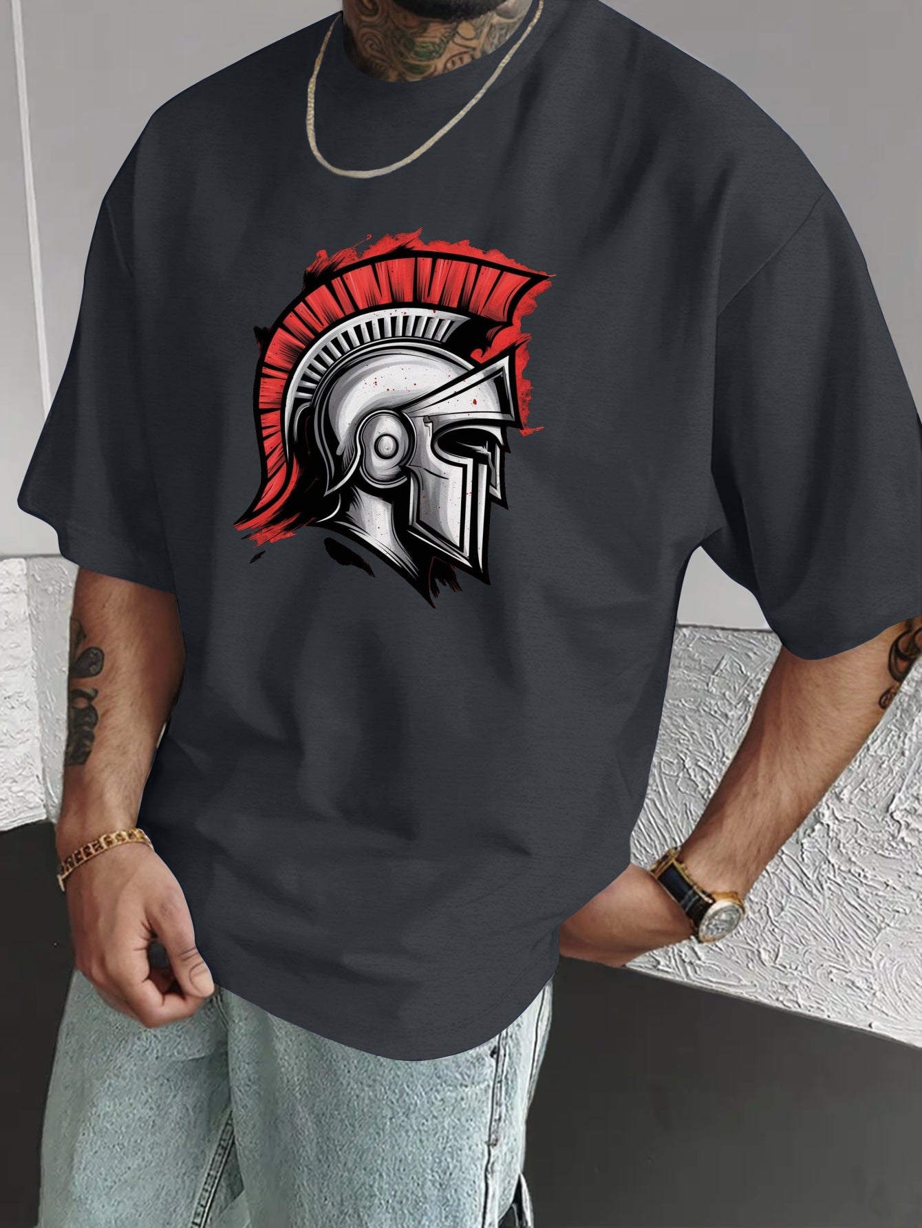 Men'S Spartan Helmet Graphic T-Shirt - Casual Polyester Short Sleeve Tee with Gladiator Design, Black, Summer Fashion, Everyday Tshirt | Graphic Print Tee | Sleek Black Fabric