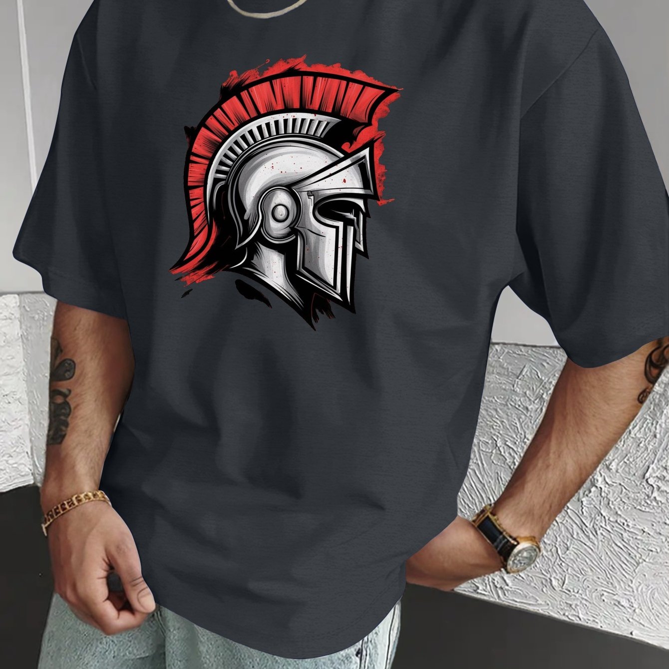 Men'S Spartan Helmet Graphic T-Shirt - Casual Polyester Short Sleeve Tee with Gladiator Design, Black, Summer Fashion, Everyday Tshirt | Graphic Print Tee | Sleek Black Fabric