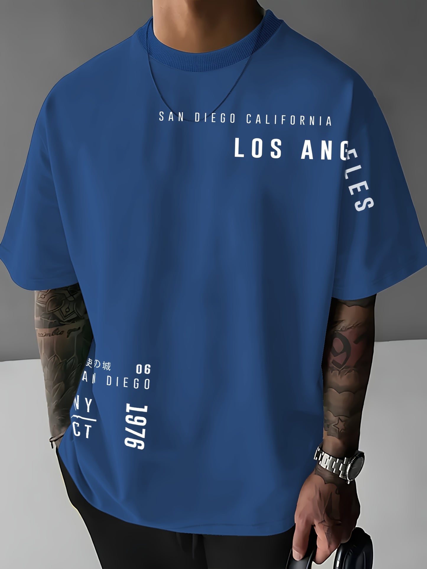 Men'S Casual "Los Angeles" Graphic T-Shirt - Blue, Short Sleeve, Round Neck, Comfortable & Stylish Summer Top with White Lettering, Perfect for Streetwear or Casual Attire, Everyday Tshirt | Streetwear Style | Comfortable Fit