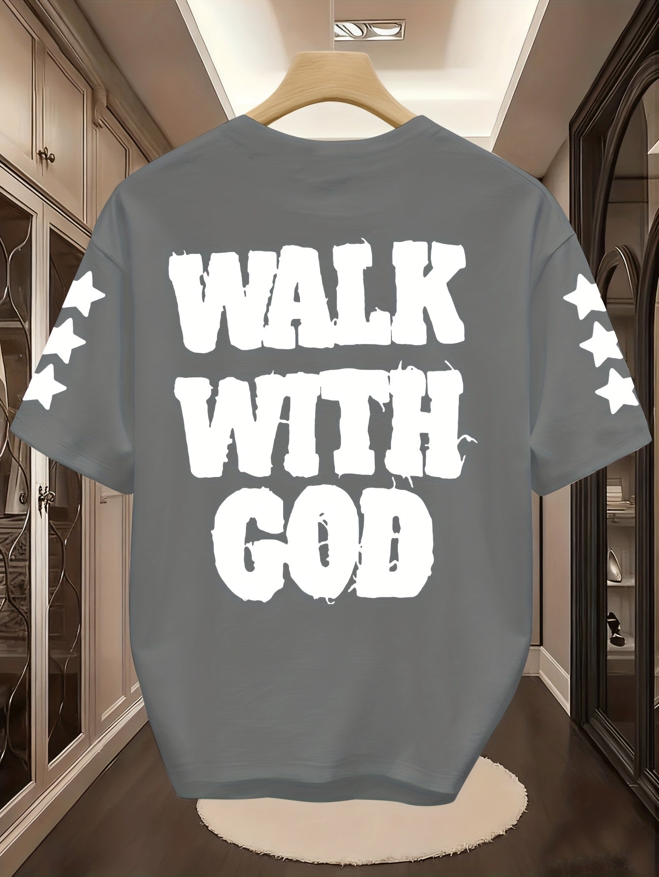 Men'S "Walk with God" Graphic Tee - Black Short Sleeve with White Lettering & Star Accents, Street Style, Comfortable Summer Shirt for Casual Outings, Everyday Tshirt | Bold Graphic Tee | Comfortable Fabri