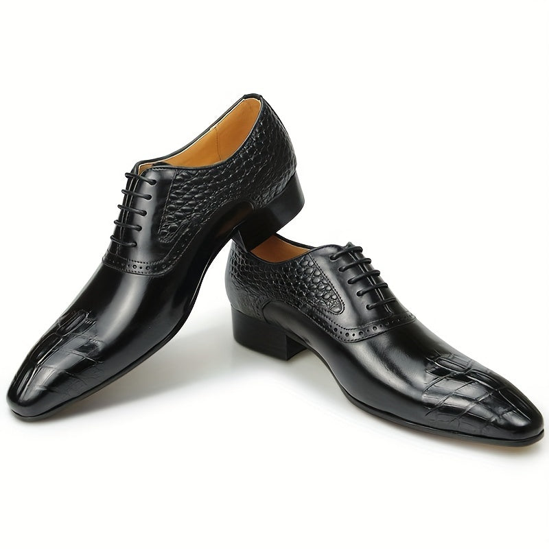 Topgrain Leather] Elegant Men's Black Oxford Dress Shoes with Crocodile Print - Lace-Up, Pointed Toe, High-Quality Rubber Sole for Business & Formal Events
