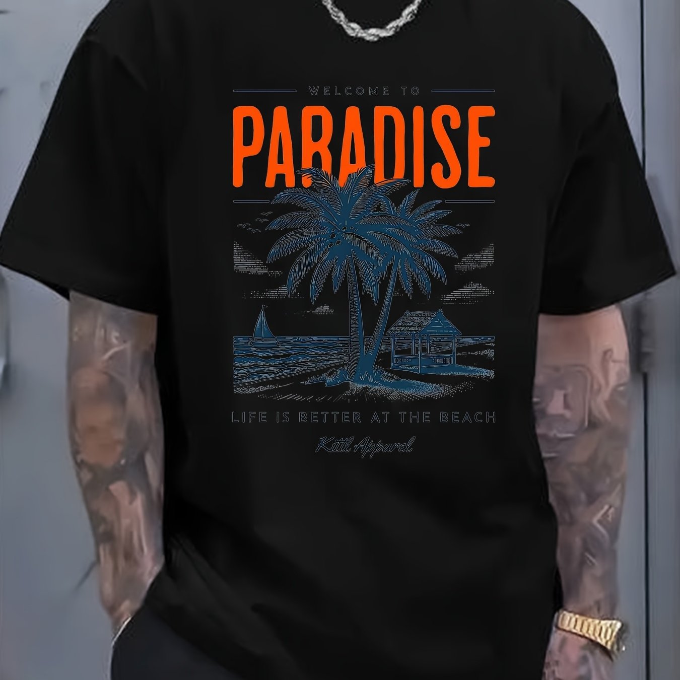 Men's Summer Casual Short Sleeve T-Shirt - 100% Cotton Relaxed Fit Round Neck Tee with Tropical Beach Paradise Graphic Print, Machine Washable for Outdoor & Daily Wear, Summer Clothing | Slogan Tshirt