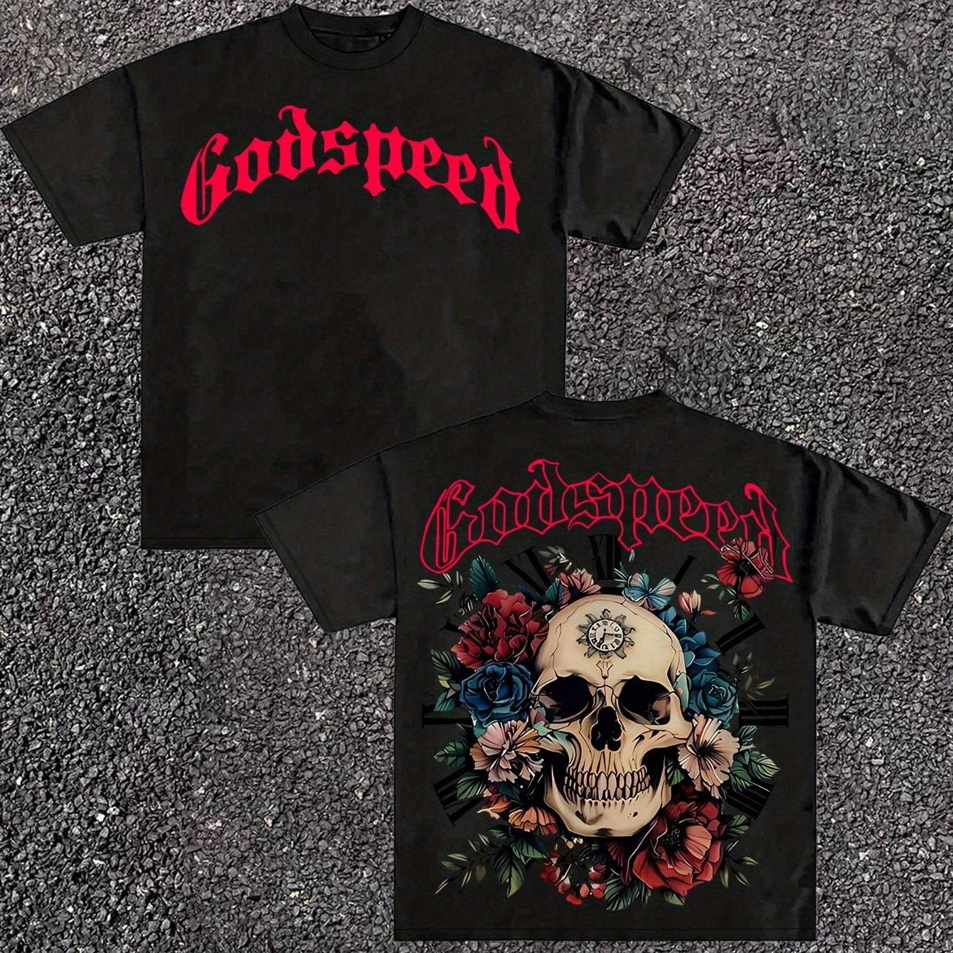 Men's & Women's Gothic Y2K Streetwear T-Shirt - Skull & Rose Double-Sided Print, Heavy Chain & Gothic Lettering (Godspeed/Gothslover), Loose Fit Unisex Cotton Tee for Punk Band Style, Casual Daily Wear & Music Events, Hallowe