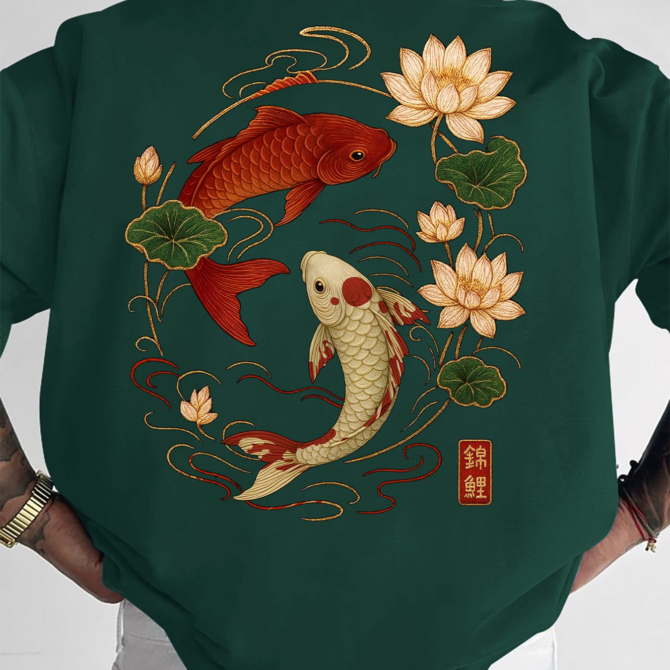 Men's Korean Style Koi Fish & Lotus T-Shirt, Dark Green/Black with Golden/Yellow Koi Print, Loose Fit Streetwear Summer Tee, Machine Washable Soft Polyester-Like Fabric, Casual & Asian-Themed Outfits, Halloween Costume, Tops,