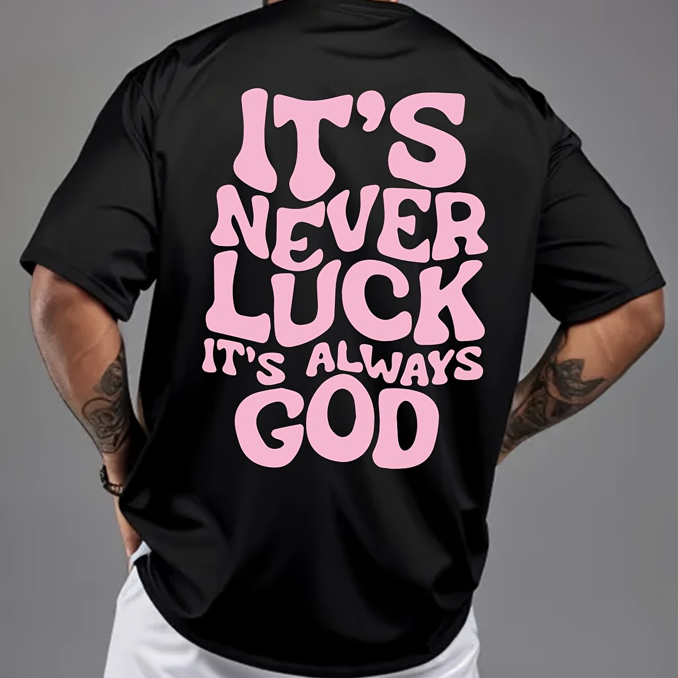 Men's Vintage "It's Never Luck" Graphic Tee - White Crew Neck Short Sleeve T-Shirt, 95% Polyester, Casual Summer Top for Casual Attire, Streetwear Fashion | Medium Stretch Fabric, Vintage Tshirt