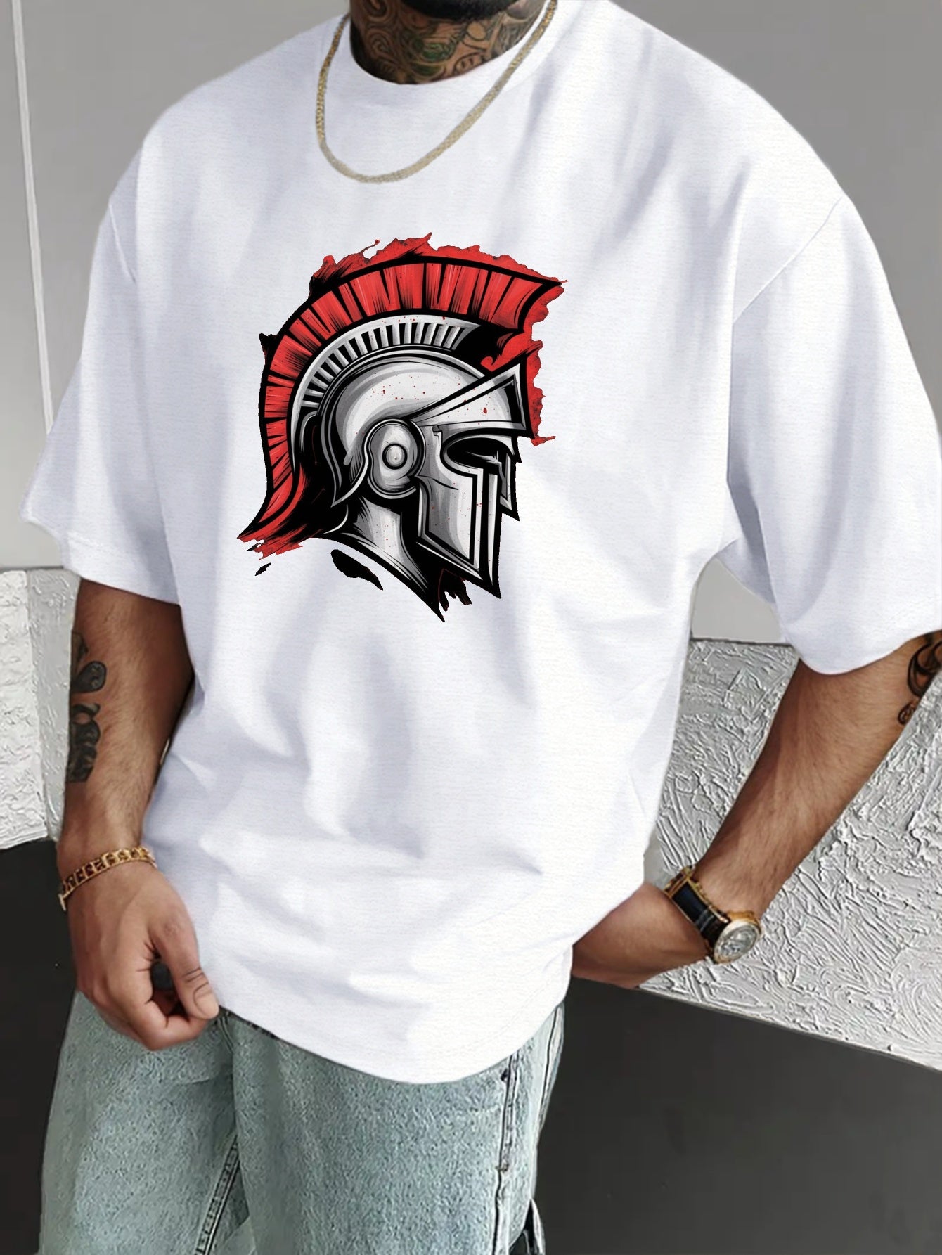 Men'S Spartan Helmet Graphic T-Shirt - Casual Polyester Short Sleeve Tee with Gladiator Design, Black, Summer Fashion, Everyday Tshirt | Graphic Print Tee | Sleek Black Fabric