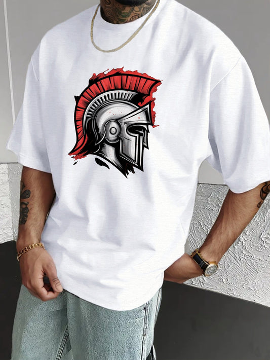 Men'S Spartan Helmet Graphic T-Shirt - Casual Polyester Short Sleeve Tee with Gladiator Design, Black, Summer Fashion, Everyday Tshirt | Graphic Print Tee | Sleek Black Fabric