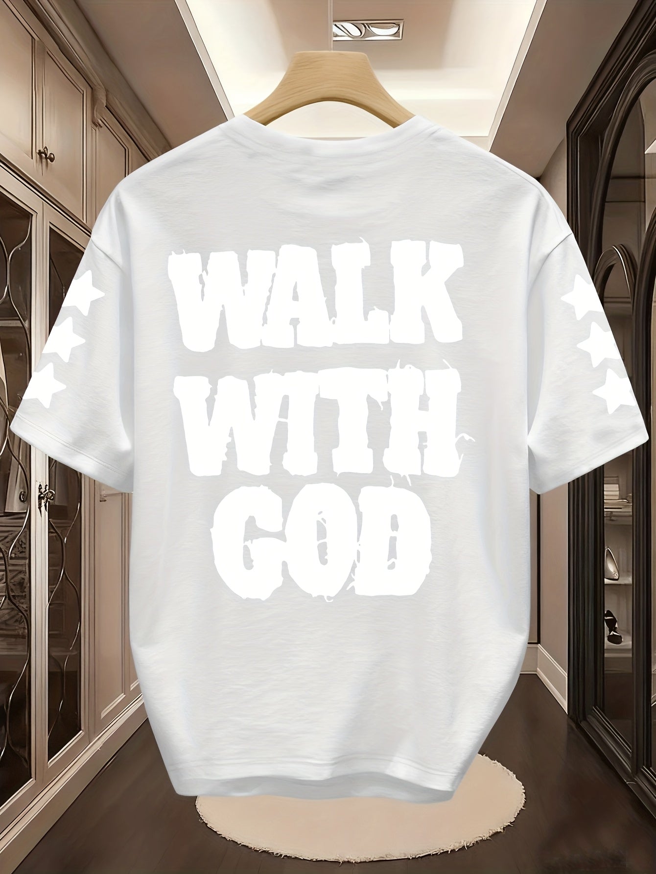 Men'S "Walk with God" Graphic Tee - Black Short Sleeve with White Lettering & Star Accents, Street Style, Comfortable Summer Shirt for Casual Outings, Everyday Tshirt | Bold Graphic Tee | Comfortable Fabri