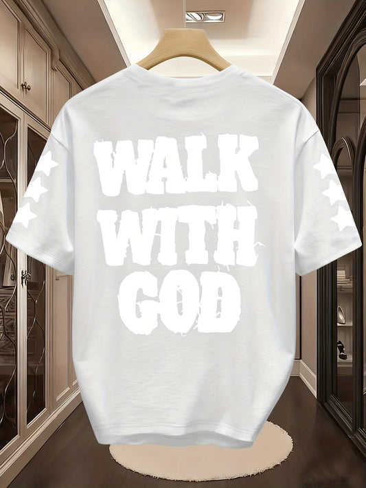 Men'S "Walk with God" Graphic Tee - Black Short Sleeve with White Lettering & Star Accents, Street Style, Comfortable Summer Shirt for Casual Outings, Everyday Tshirt | Bold Graphic Tee | Comfortable Fabri