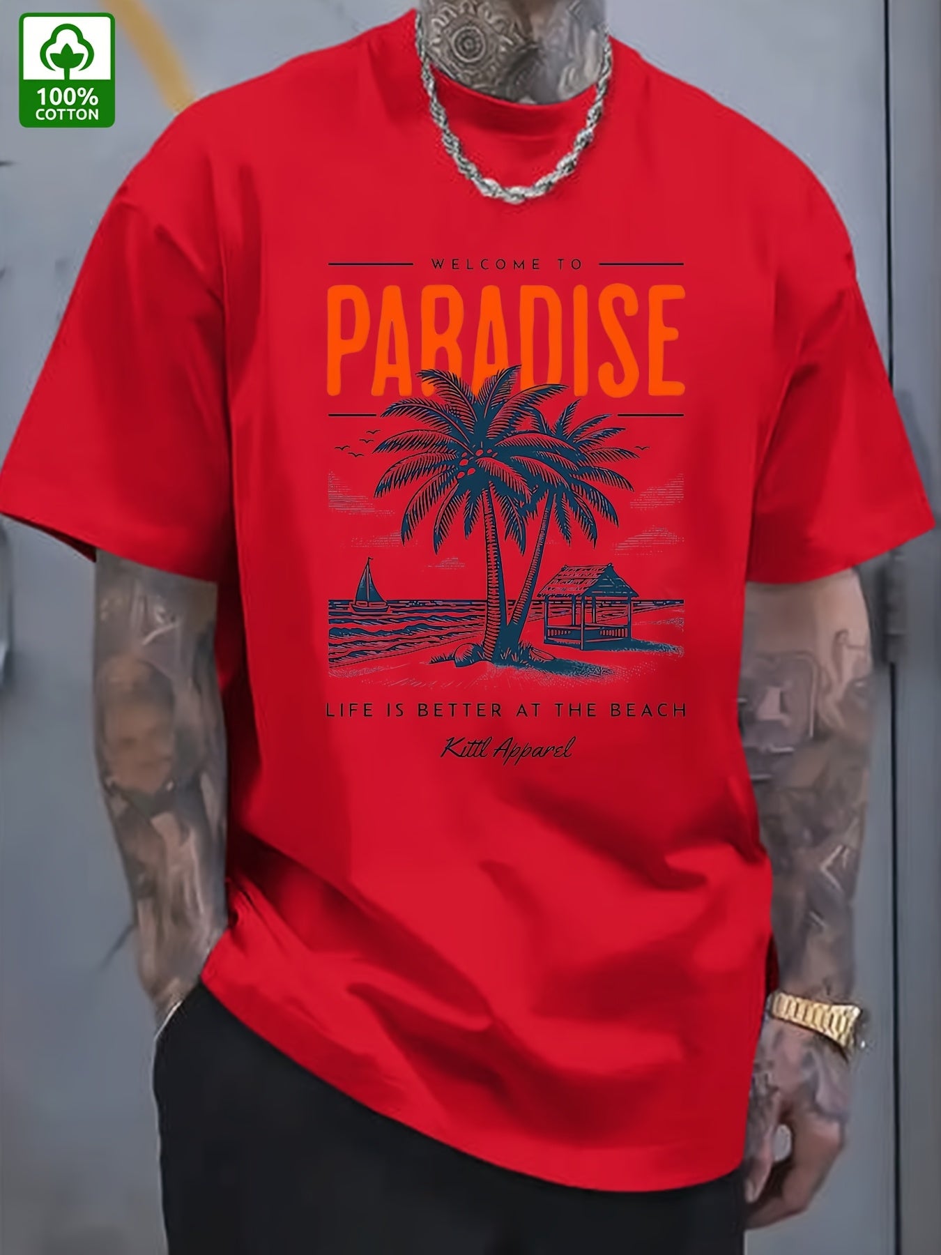 Men's Summer Casual Short Sleeve T-Shirt - 100% Cotton Relaxed Fit Round Neck Tee with Tropical Beach Paradise Graphic Print, Machine Washable for Outdoor & Daily Wear, Summer Clothing | Slogan Tshirt