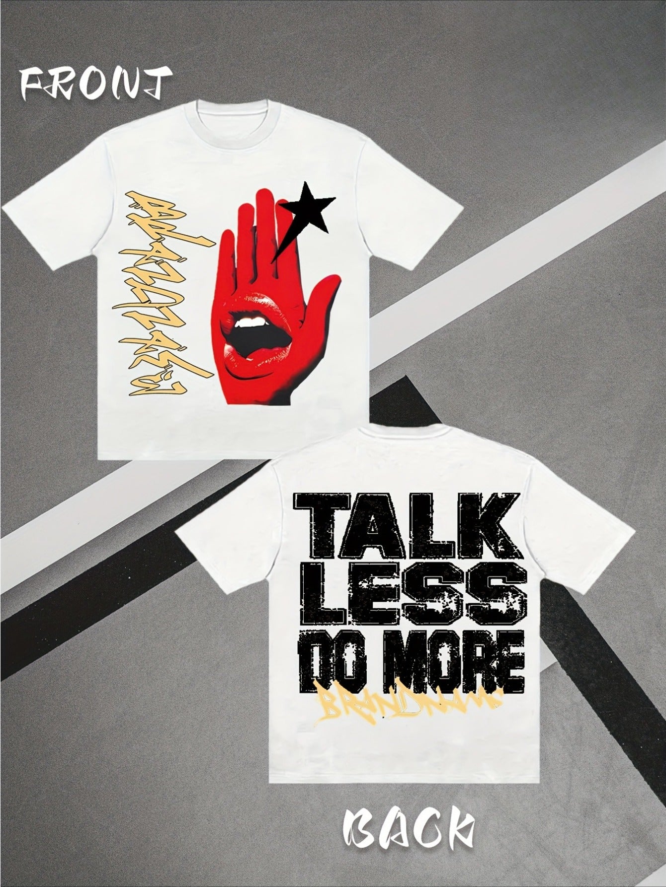 Men's Black Retro Streetwear T-Shirt with Iconic "Talk Less Do More" Hand Gesture & Golden/White Back Print - Loose Fit Short Sleeve Crew Neck Casual Shirt, Double-Sided Slogan Design (Inspired by Iconic Movie/TV Gesture), Ha