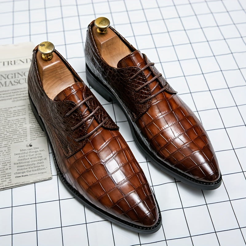 Elegant Crocodile-Embossed Derby Shoes | All-Season Slip-On with Pointed Toe for Business & Wedding: Durable, Stylish Comfort