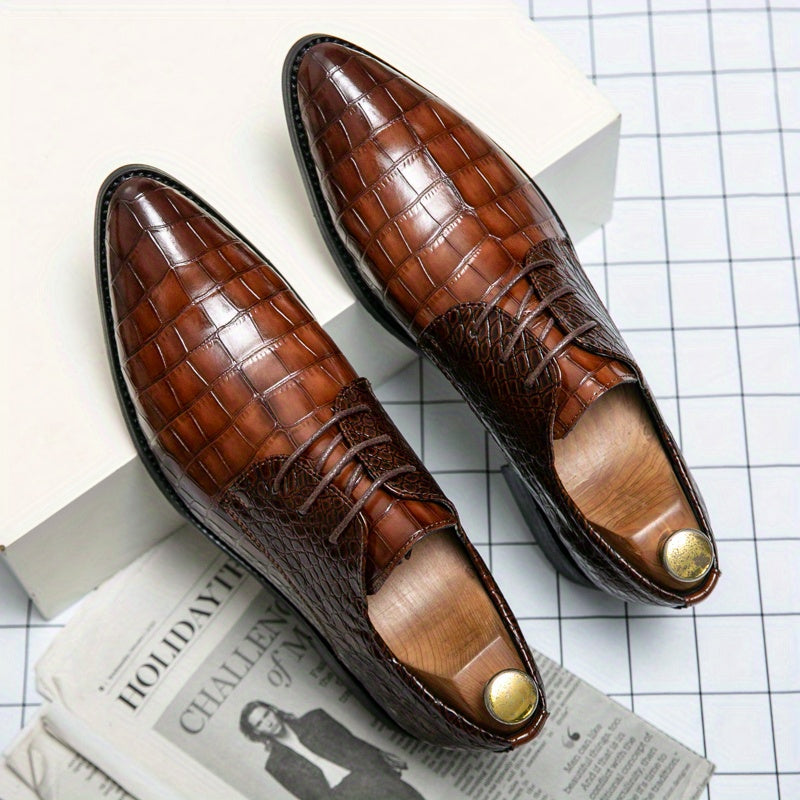 Elegant Crocodile-Embossed Derby Shoes | All-Season Slip-On with Pointed Toe for Business & Wedding: Durable, Stylish Comfort